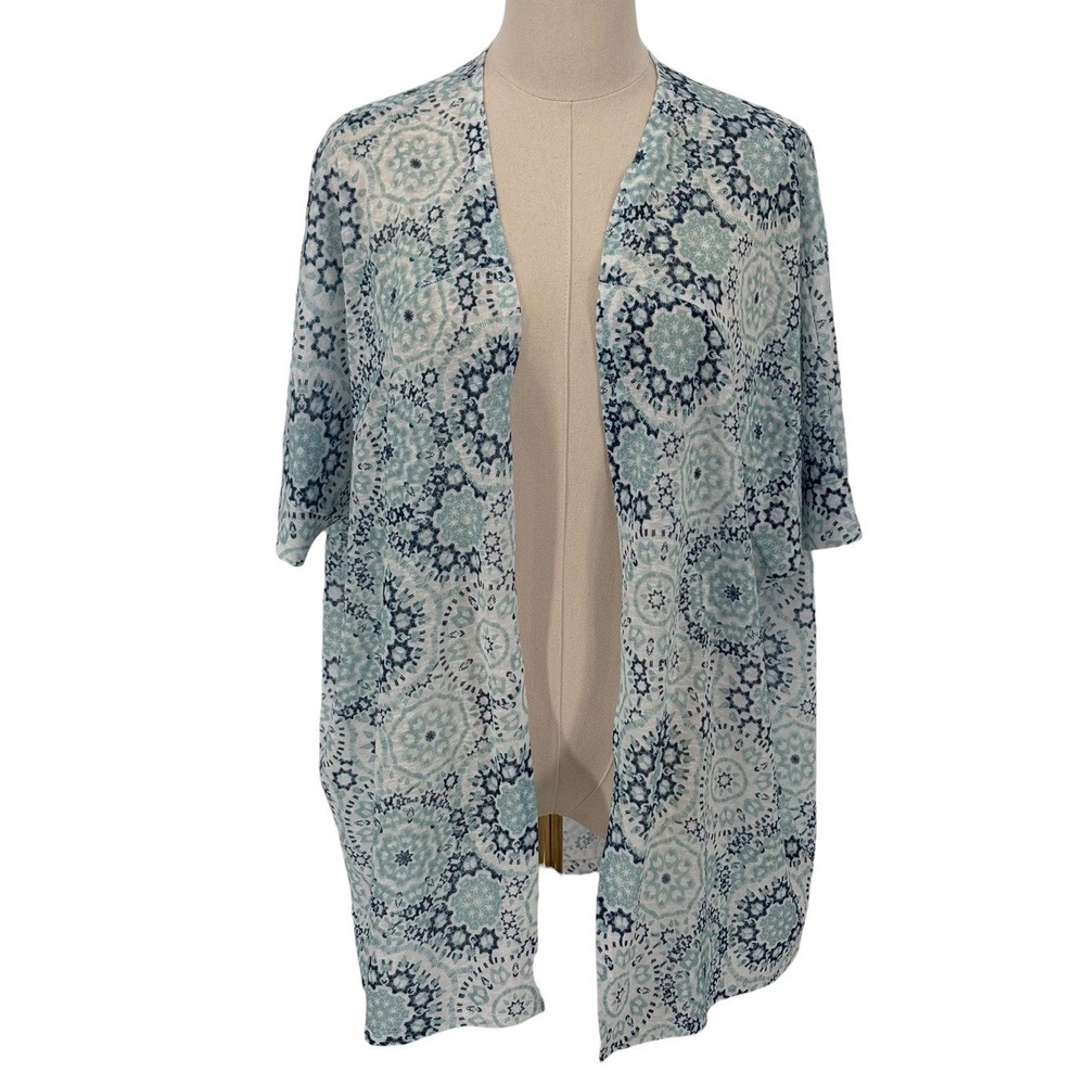Torrid Womens Size 0 Open Front Short Sleeve Kimono Cardigan Blue White Print